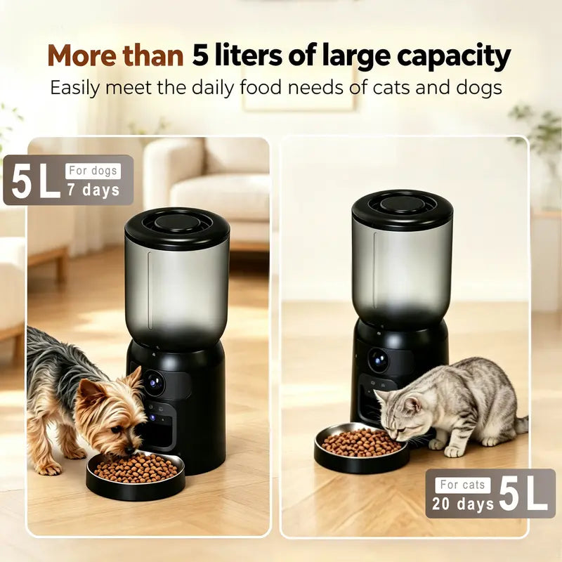 Taleboss Smart Automatic Cat Feeder with Camera, 5L Capacity, Laser Toy, 1080P HD, App Control, Night Vision, Dual Band WiFi, and Two-Way Audio