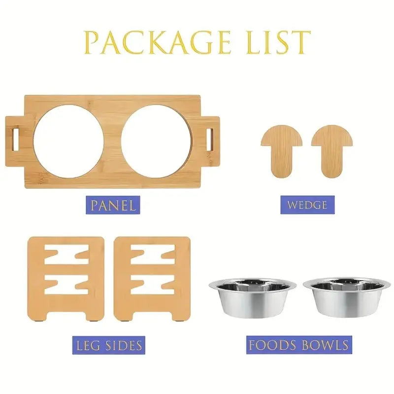 Elevated Pet Feeder Stand for Small to Medium Dogs - Adjustable Height with 15° Tilt for Reduced Neck and Joint Strain, Includes Two 700ml Stainless Steel Bowls, Natural Bamboo Double N-Shape Base, Slow Feeding Design