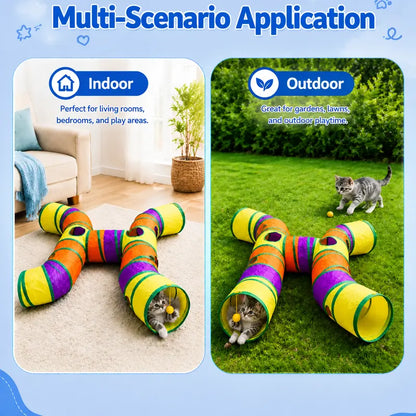 14-Way Interactive Cat Tunnel with Peek Holes and Ball - Foldable H-Shape Play Tunnel for Indoor Cats, Rabbits, Ferrets, and Small Pets