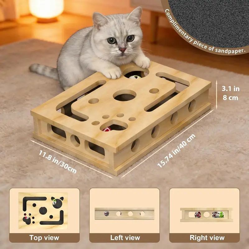 LIVANIRA Universal Wooden Cat Scratch and File Enrichment Box - Claw Care Puzzle Toy with Replaceable Filing Pad, Spacious Scratch Area, Treat Openings, and Three Toy Balls for Indoor Cats