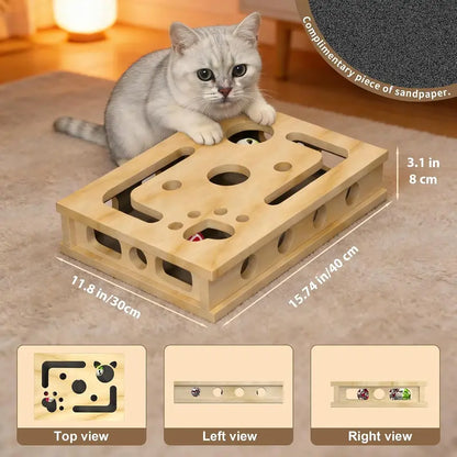 LIVANIRA Universal Wooden Cat Scratch and File Enrichment Box - Claw Care Puzzle Toy with Replaceable Filing Pad, Spacious Scratch Area, Treat Openings, and Three Toy Balls for Indoor Cats