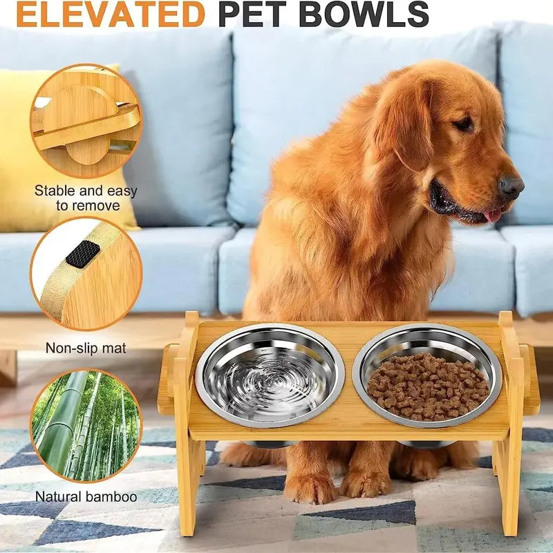 Elevated Pet Feeder Stand for Small to Medium Dogs - Adjustable Height with 15° Tilt for Reduced Neck and Joint Strain, Includes Two 700ml Stainless Steel Bowls, Natural Bamboo Double N-Shape Base, Slow Feeding Design