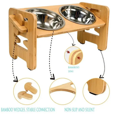 Elevated Pet Feeder Stand for Small to Medium Dogs - Adjustable Height with 15° Tilt for Reduced Neck and Joint Strain, Includes Two 700ml Stainless Steel Bowls, Natural Bamboo Double N-Shape Base, Slow Feeding Design