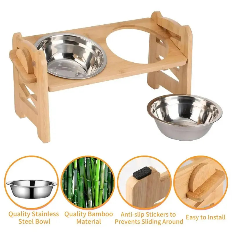 Elevated Pet Feeder Stand for Small to Medium Dogs - Adjustable Height with 15° Tilt for Reduced Neck and Joint Strain, Includes Two 700ml Stainless Steel Bowls, Natural Bamboo Double N-Shape Base, Slow Feeding Design