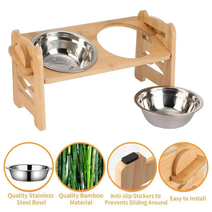 Elevated Pet Feeder Stand for Small to Medium Dogs - Adjustable Height with 15° Tilt for Reduced Neck and Joint Strain, Includes Two 700ml Stainless Steel Bowls, Natural Bamboo Double N-Shape Base, Slow Feeding Design