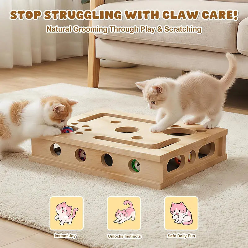 LIVANIRA Universal Wooden Cat Scratch and File Enrichment Box - Claw Care Puzzle Toy with Replaceable Filing Pad, Spacious Scratch Area, Treat Openings, and Three Toy Balls for Indoor Cats
