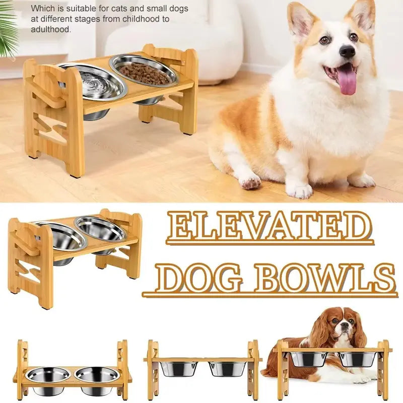 Elevated Pet Feeder Stand for Small to Medium Dogs - Adjustable Height with 15° Tilt for Reduced Neck and Joint Strain, Includes Two 700ml Stainless Steel Bowls, Natural Bamboo Double N-Shape Base, Slow Feeding Design