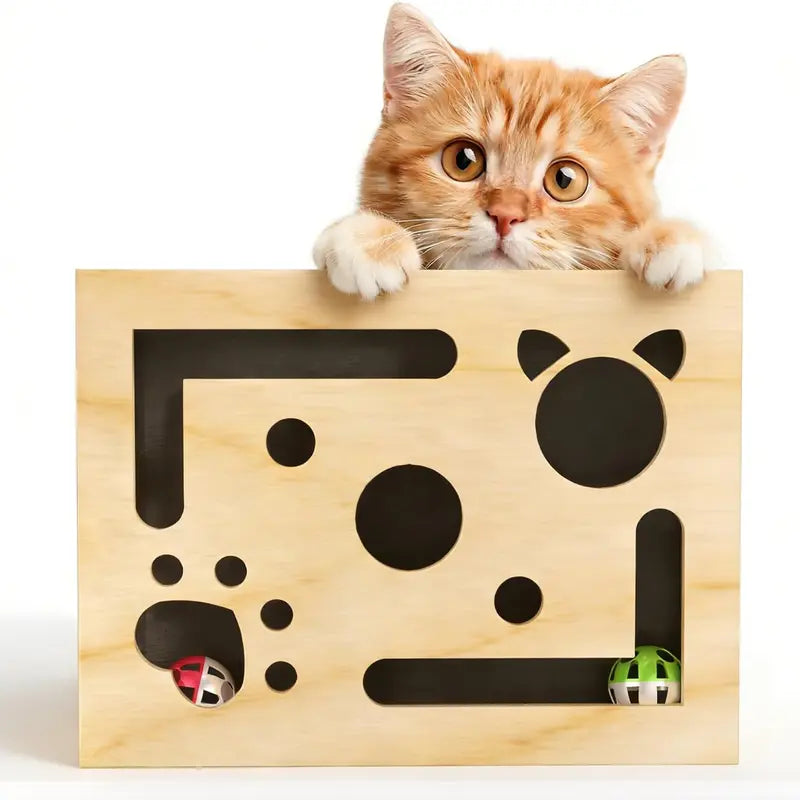 LIVANIRA Universal Wooden Cat Scratch and File Enrichment Box - Claw Care Puzzle Toy with Replaceable Filing Pad, Spacious Scratch Area, Treat Openings, and Three Toy Balls for Indoor Cats
