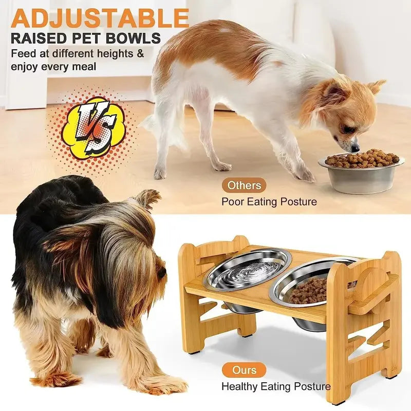 Elevated Pet Feeder Stand for Small to Medium Dogs - Adjustable Height with 15° Tilt for Reduced Neck and Joint Strain, Includes Two 700ml Stainless Steel Bowls, Natural Bamboo Double N-Shape Base, Slow Feeding Design