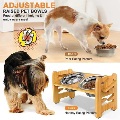 Elevated Pet Feeder Stand for Small to Medium Dogs - Adjustable Height with 15° Tilt for Reduced Neck and Joint Strain, Includes Two 700ml Stainless Steel Bowls, Natural Bamboo Double N-Shape Base, Slow Feeding Design