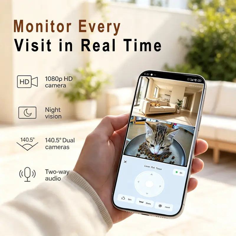 Taleboss Smart Automatic Cat Feeder with Camera, 5L Capacity, Laser Toy, 1080P HD, App Control, Night Vision, Dual Band WiFi, and Two-Way Audio