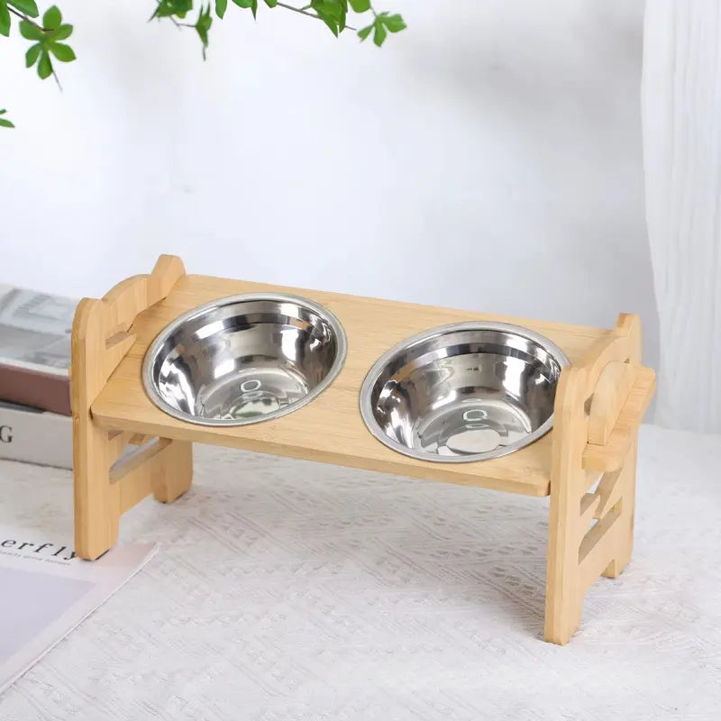 Elevated Pet Feeder Stand for Small to Medium Dogs - Adjustable Height with 15° Tilt for Reduced Neck and Joint Strain, Includes Two 700ml Stainless Steel Bowls, Natural Bamboo Double N-Shape Base, Slow Feeding Design