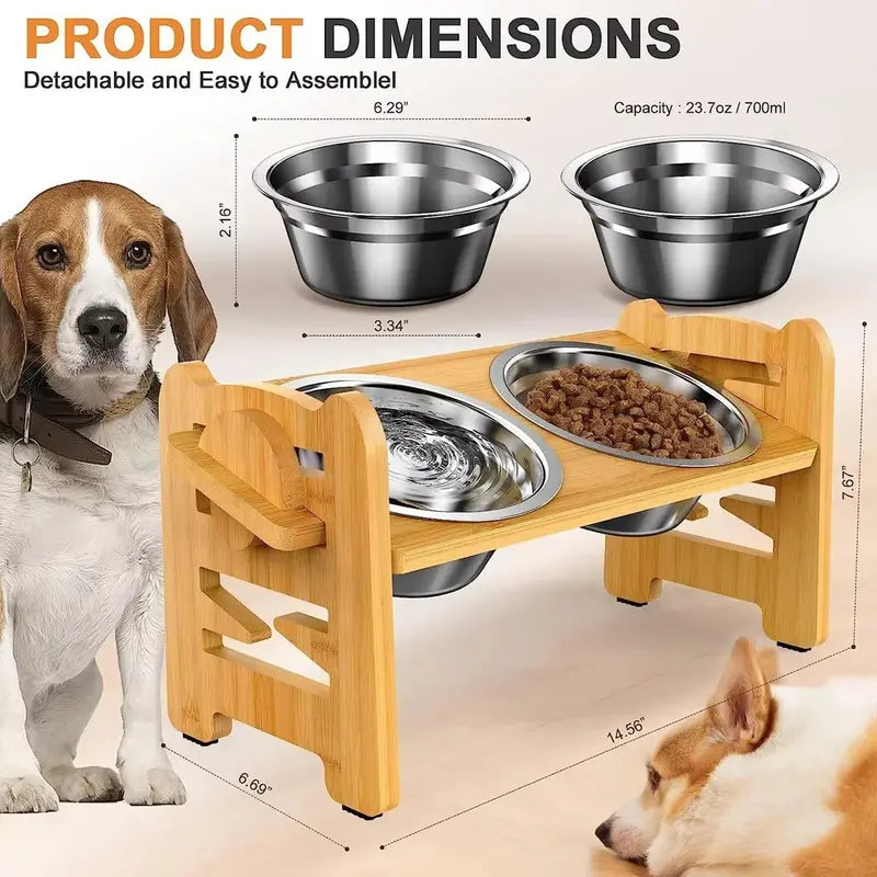 Elevated Pet Feeder Stand for Small to Medium Dogs - Adjustable Height with 15° Tilt for Reduced Neck and Joint Strain, Includes Two 700ml Stainless Steel Bowls, Natural Bamboo Double N-Shape Base, Slow Feeding Design