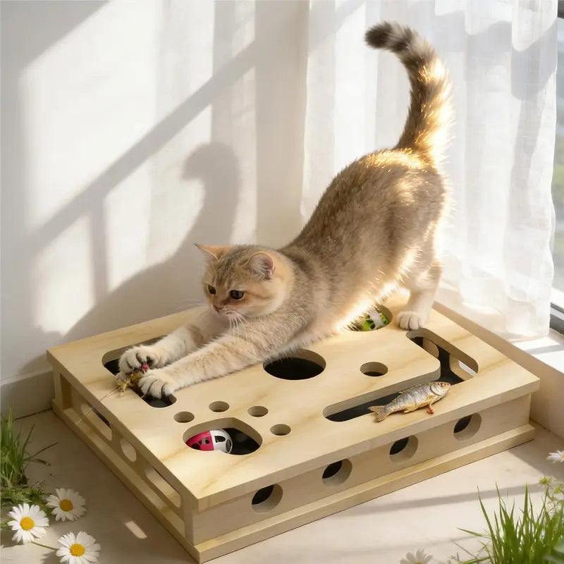 LIVANIRA Universal Wooden Cat Scratch and File Enrichment Box - Claw Care Puzzle Toy with Replaceable Filing Pad, Spacious Scratch Area, Treat Openings, and Three Toy Balls for Indoor Cats