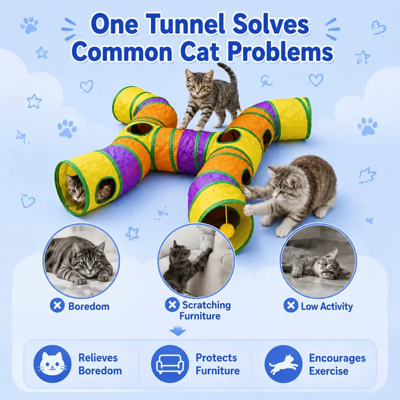 14-Way Interactive Cat Tunnel with Peek Holes and Ball - Foldable H-Shape Play Tunnel for Indoor Cats, Rabbits, Ferrets, and Small Pets