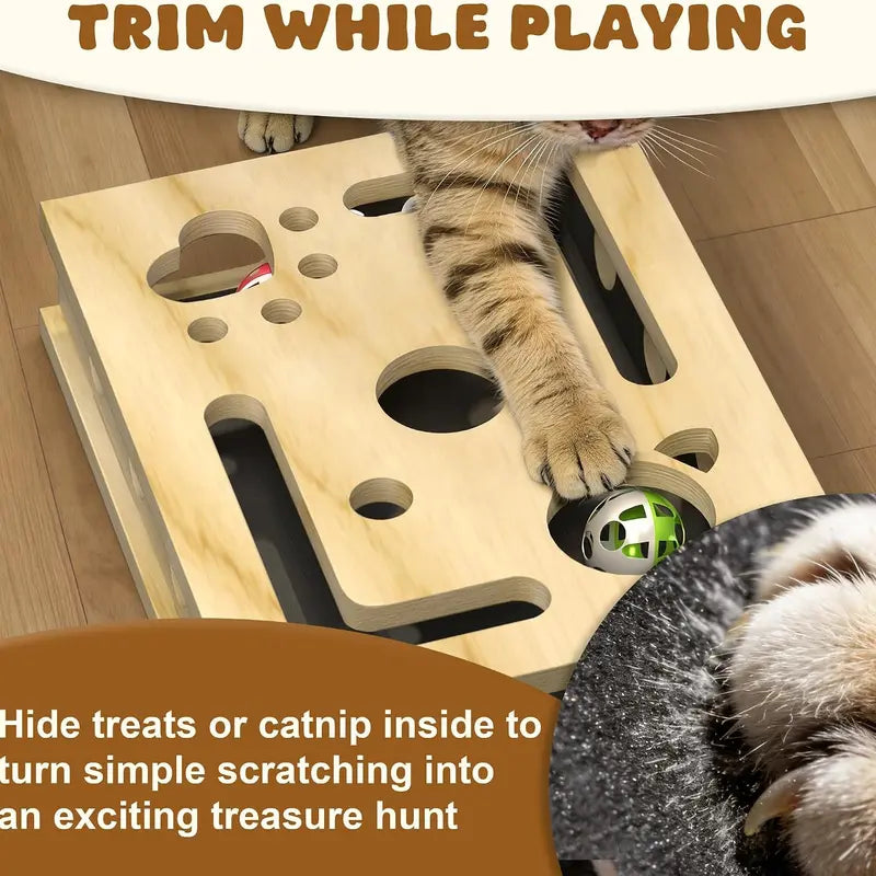 LIVANIRA Universal Wooden Cat Scratch and File Enrichment Box - Claw Care Puzzle Toy with Replaceable Filing Pad, Spacious Scratch Area, Treat Openings, and Three Toy Balls for Indoor Cats