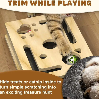 LIVANIRA Universal Wooden Cat Scratch and File Enrichment Box - Claw Care Puzzle Toy with Replaceable Filing Pad, Spacious Scratch Area, Treat Openings, and Three Toy Balls for Indoor Cats