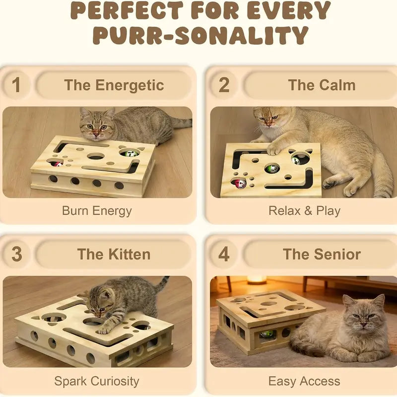 LIVANIRA Universal Wooden Cat Scratch and File Enrichment Box - Claw Care Puzzle Toy with Replaceable Filing Pad, Spacious Scratch Area, Treat Openings, and Three Toy Balls for Indoor Cats