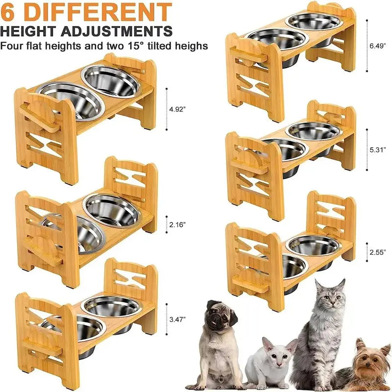 Elevated Pet Feeder Stand for Small to Medium Dogs - Adjustable Height with 15° Tilt for Reduced Neck and Joint Strain, Includes Two 700ml Stainless Steel Bowls, Natural Bamboo Double N-Shape Base, Slow Feeding Design