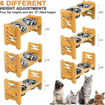 Elevated Pet Feeder Stand for Small to Medium Dogs - Adjustable Height with 15° Tilt for Reduced Neck and Joint Strain, Includes Two 700ml Stainless Steel Bowls, Natural Bamboo Double N-Shape Base, Slow Feeding Design